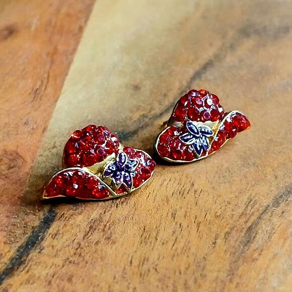 Red Hat Rhinestone Stud Earrings, Pierced Ears, Vintage Jewelry, Gently Used - Picture 2 of 4